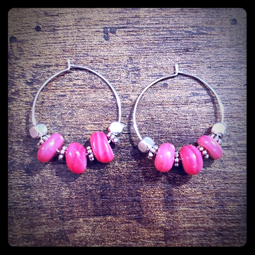 Pink and silver boho dangle hoop earrings